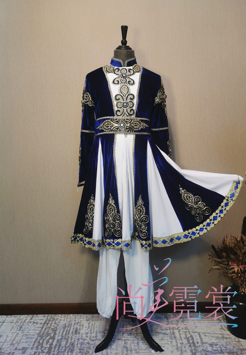 Rental Men's new Xinjiang Dance Costume Blue Velvet Kazakh Tajik ethnic minority performing clothes-Taobao