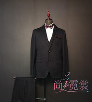 Mens gray striped business suit three-piece large dinner party dress custom-made rental