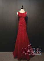 High-end luxury red handmade pebel sexy backless evening dress long dress to host dinner red carpet catwalk