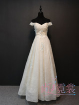 Shoulder white wedding dress new luxury lace puffy skirt Korean flower dress Beijing custom rental