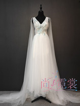 Nail beads long white dress long gauze sleeve stage performance clothing beading embroidery host puffy skirt custom rental