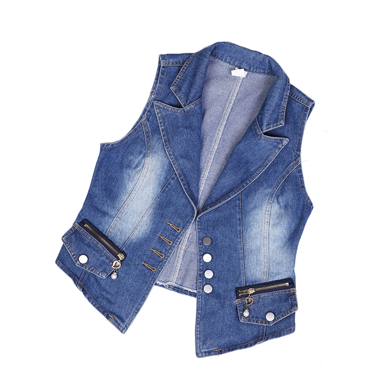 Phụ nữ mùa xuân và mùa thu Hàn Quốc mỏng phù hợp với cổ áo không tay ngắn denim vest vest vest vest mùa hè - Áo vest