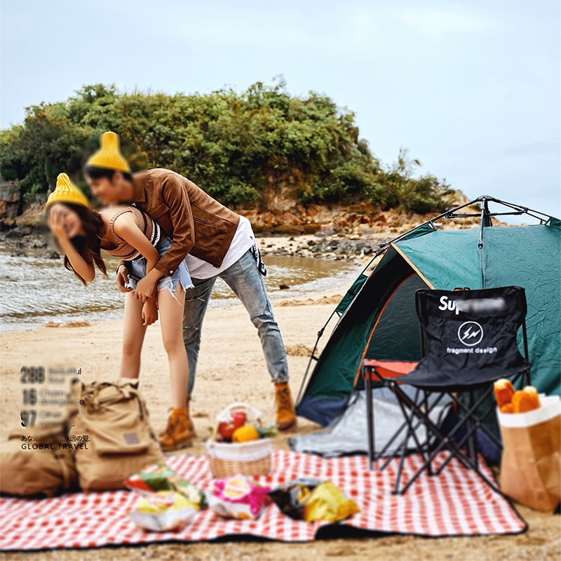 Sanya, Yunnan, location travel shooting, outdoor props, green tent, night scene shooting, sea view camping tent, folding chair