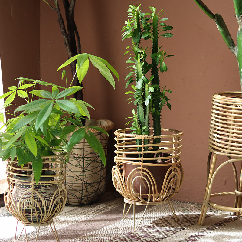 Creative rattan flower rack single plant flower pot rack indoor living room balcony floor flower basket decoration ornaments Nordic