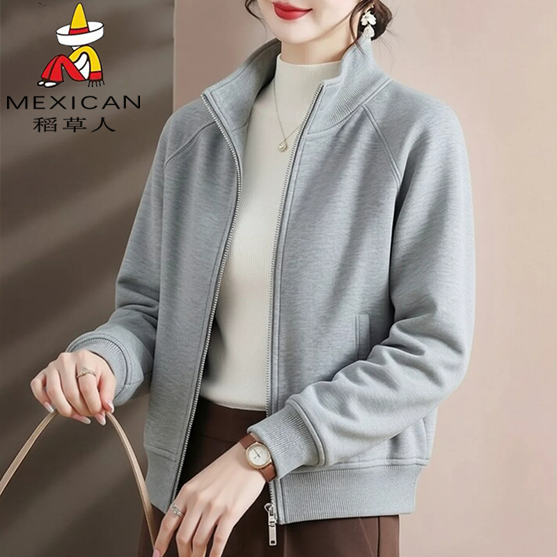 Scarecrow Stand-Up Collar Short Jacket for Women, Gray 2026 New Early Autumn Petite Zip-Up Cardigan, Casual Loose Top