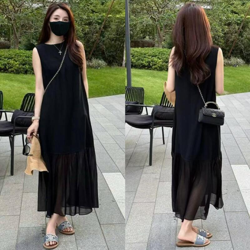 European Style High-End Mesh Splicing Sleeveless Dress for Women, 2026 Summer New Hepburn Style Tank Top Long Dress