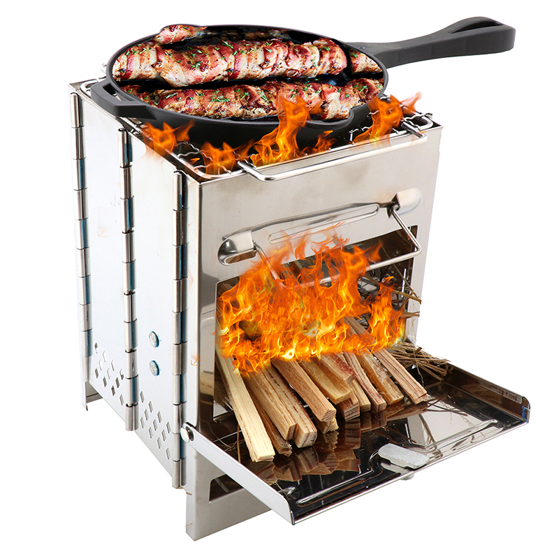 Outdoor wood stove Mini square barbecue stove Portable wood stove Stainless steel folding barbecue grill BBQ mini stove