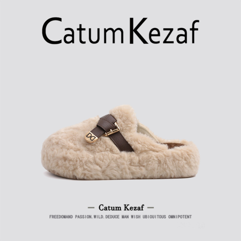 American Catumkezaf Furry Slippers for Women, Winter Outdoor Slip-On Clogs with Plush Lining, Birkenstock-Style Cotton Slippers