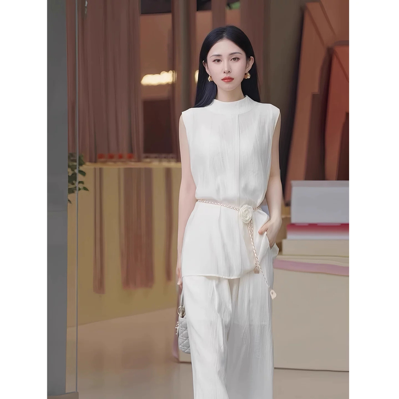 Chlon Vibe French-Style Chic Fashion Linen Set for Women, Summer Sleeveless Tank Top and Wide-Leg Pants Two-Piece Set