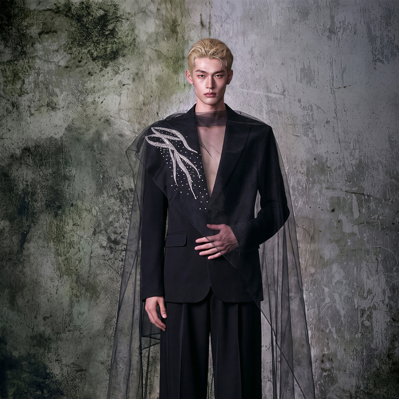 Shantian "Xuan Sha Zhu Guang" Rhinestone Black Suit Jacket for Men with Detachable Sheer Fabric Design, Unique and Stylish