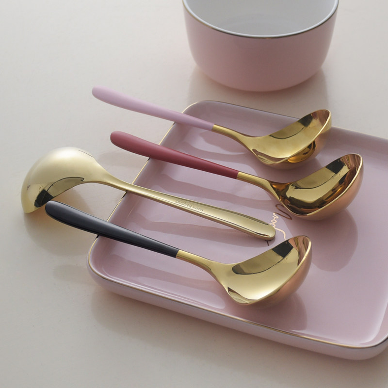 Han Style 304 Stainless Steel Home Drinking Soup Scoop Congee Soup Spoon Creative Personality Black Gold Round Head Long Handle Spoon Thickening Spoon