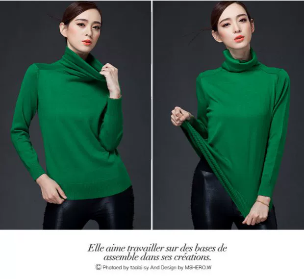 Áo len mùa thu và mùa đông đầu của phụ nữ Slim dài tay đống cổ áo len cashmere màu rắn kích thước lớn cổ áo len đan áo khoác len nữ