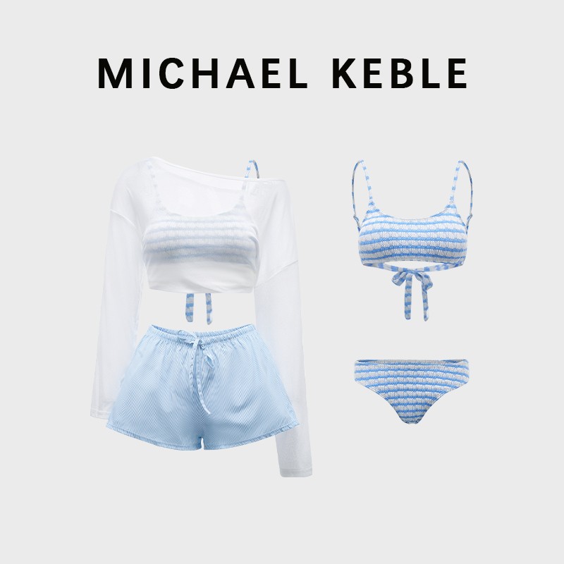 フランス製MICHAEL KEBLEの高級スプリット水着、レディースストライプビキニ、日焼け止めカバーアップ、バケーション水着