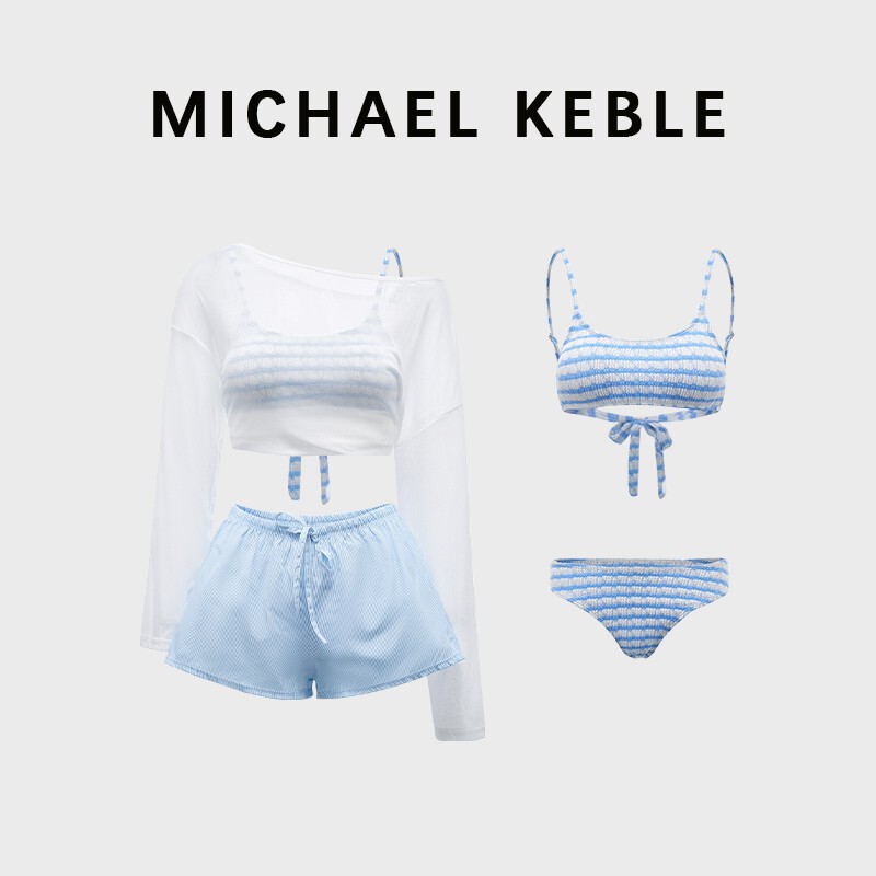 French Michael Keble High-End Two-Piece Swimsuit for Women, Striped Bikini, Sun Protection Cover-Up, Vacation Swimwear
