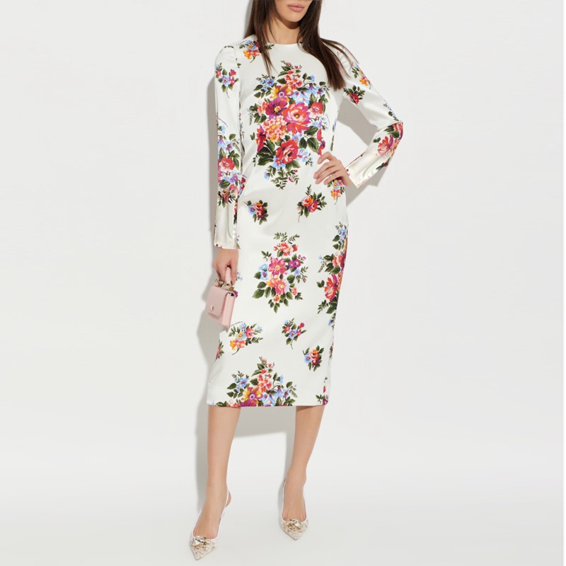 Heavyweight Mulberry Silk White Floral Long-Sleeve Dress, Elegant and Slim-Fitting, Bodycon Midi Dress, Long-Sleeve High-End Silk for Socialites