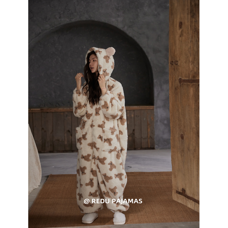 Hot and Cozy One-Piece Pajamas for Women, Winter Style, Fleece-Lined and Thickened, Coral Fleece, Cute Bear Ears, Hooded Loungewear Set Hot and Cozy One-Piece Pajamas for Women, Winter Style, Fleece-Lined and Thickened, Coral Fleece, Cute Bear Ears, Hooded Loungewear Set