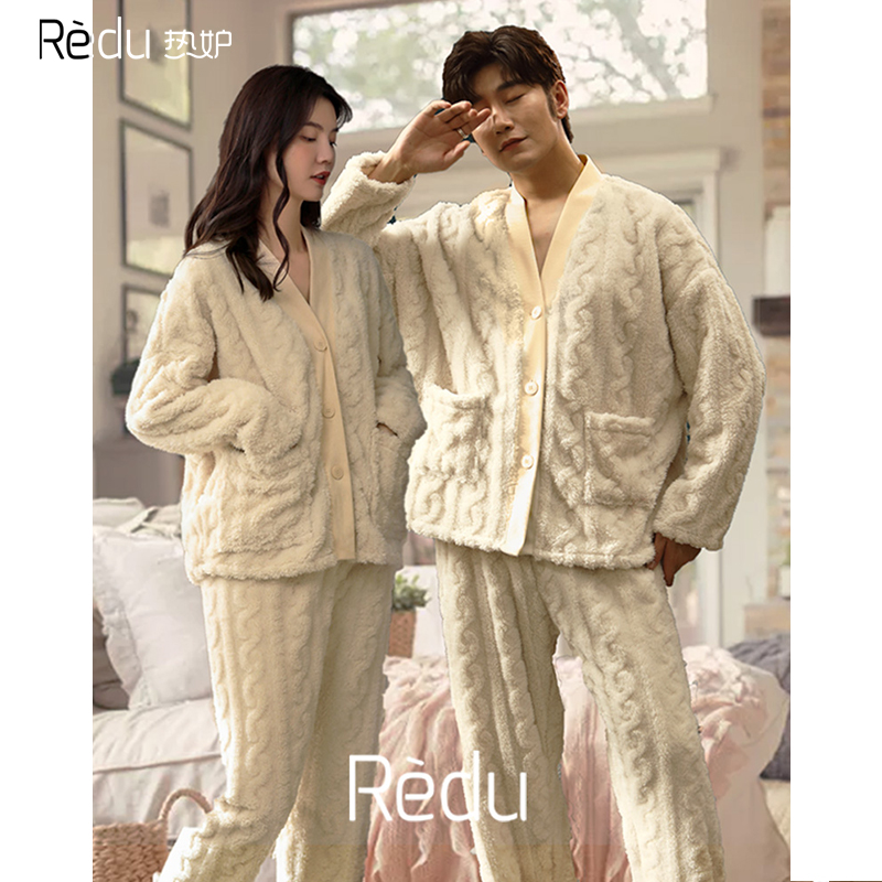 Hot Jealous Couple Sleepwear Autumn Winter Thickened Coral Suede Minimalist Open-Shirt Flannel Men's Home Dress Female Extras