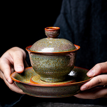 Jianzhan Sancai Gai Bowl Tea Cup Tea Powder Glaze Pure Handmade Ceramic Kung Fu Tea Ware Home Japanese Large Capacity Tea Bowl