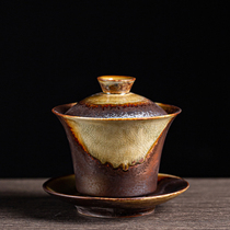 Antique firewood burning three talents cover bowl tea cup coarse pottery kung fu tea set tea bowl retro ceramic household large not hot