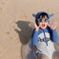 South Korean childrens bathing suit boy long sleeve sunscreen one-piece hat cartoon one-piece swimsuit spa mens baby bathing suit