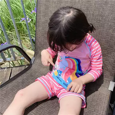 Korean children's swimsuit cute girl two-piece long-sleeved striped unicorn baby baby sunscreen swimsuit