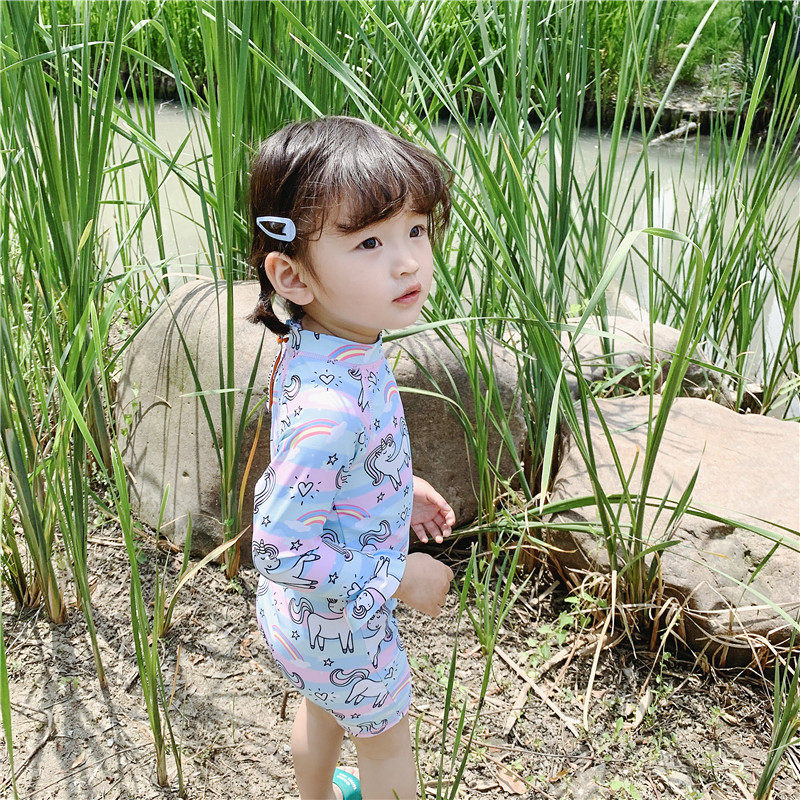 South Korea Ins Baby swimsuit Rainbow Little Horse Child Even Cute Girl Child Baby Sunscreen Surf