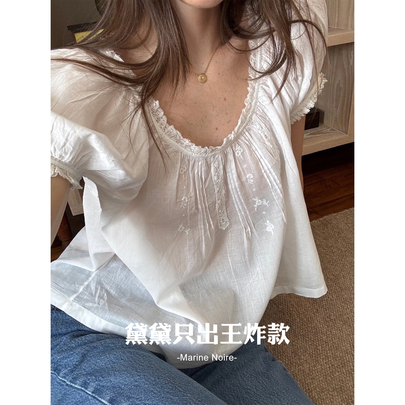 Dai Dai Only Produces the Best! Organic Cotton Lace Trim French Puff Sleeve Top, Babydoll Shirt, Thin Blouse for Women Dai Dai Only Produces the Best! Organic Cotton Lace Trim French Puff Sleeve Top, Babydoll Shirt, Thin Blouse for Women