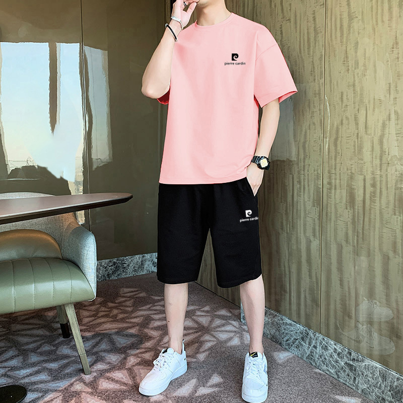 French Pierre Cardin Pink T-Shirt Suit for Men 2024 Summer Pure Cotton Short-Sleeved T-Shirt Shorts Casual Sports
