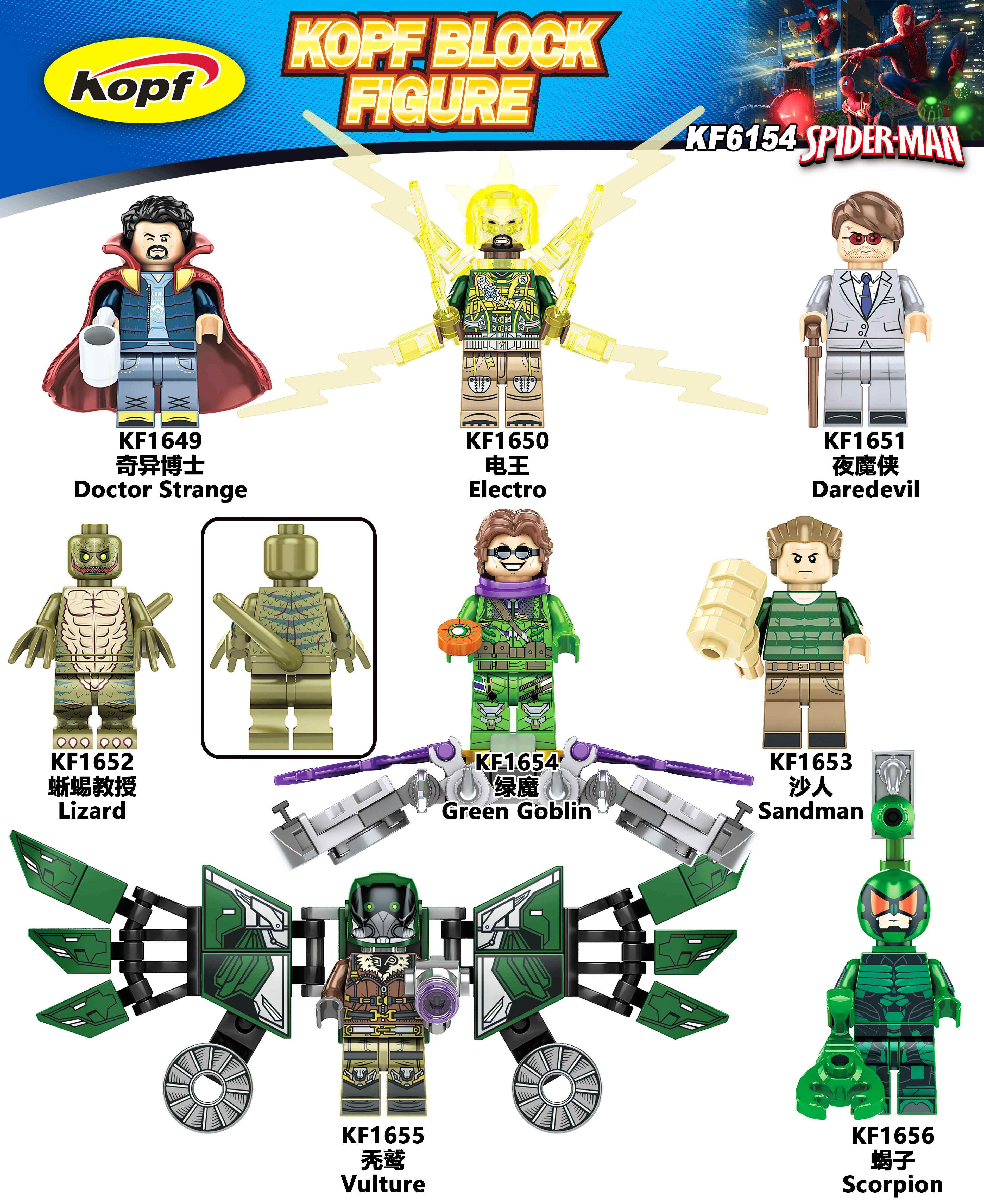 Copeak KF6154 Spider-Man Green Magic Scorpion Superman Dr. lizard Professor Bald Egrets Assembling Building Blocks Man Toys