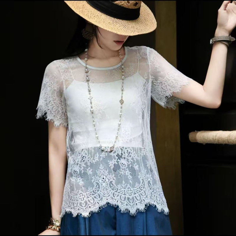 2026 Lace Inner Short-Sleeve Base Shirt for Women, Light Luxury Lace Layered Hollow-Out Sheer Mesh Top 2026 Lace Inner Short-Sleeve Base Shirt for Women, Light Luxury Lace Layered Hollow-Out Sheer Mesh Top