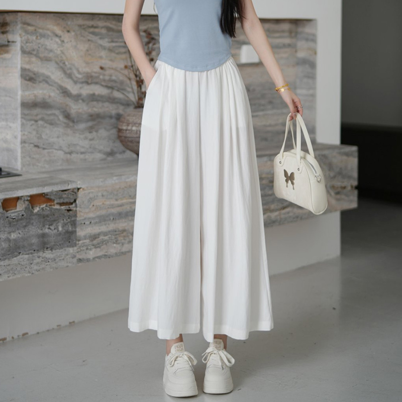 Petite Women Look Taller in Summer with White Ice Silk Wide-Leg Culottes, Loose and Slimming, Eight-Point Yamamoto Casual Pants, Size XS