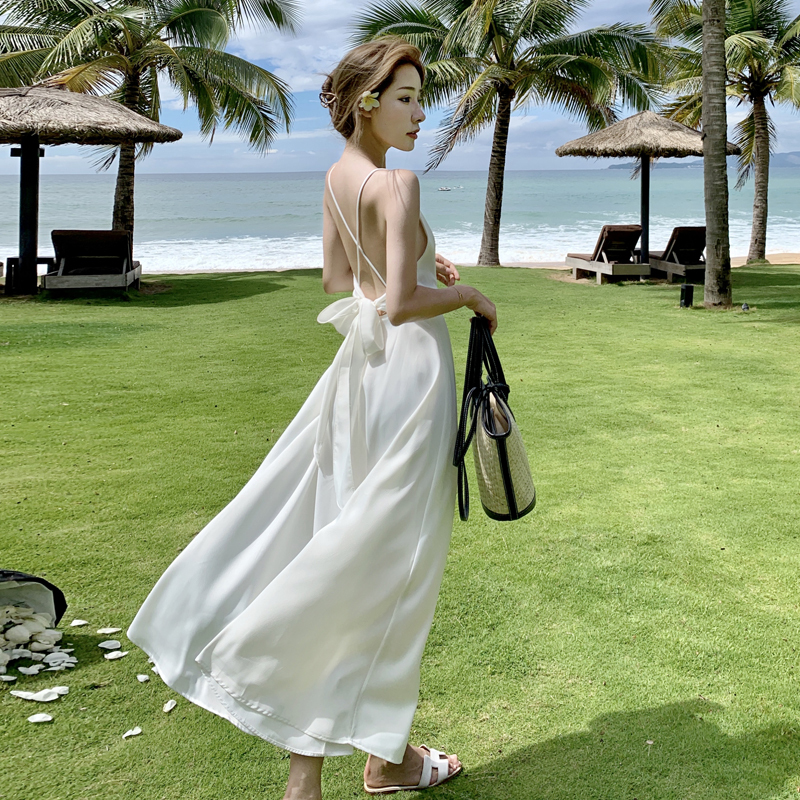 Sanya Wanning Beach Vacation Dress Cross-Back Halter Long Dress Drapey Satin Dress with Bow Morning Robe