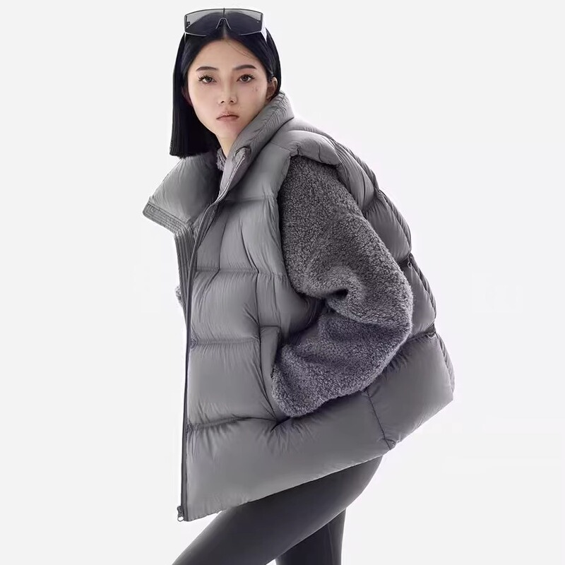 Gray White Duck down Vest for Women 2025 New Style Stand Collar Zipper Puffer Warm Vest Waistcoat Jacket