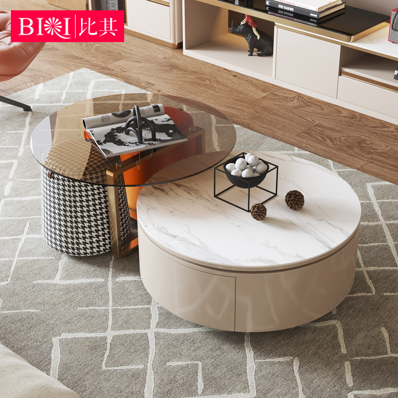 Nordic light luxury rock panel round tea table TV cabinet combined modern minimal household tea table table living room type