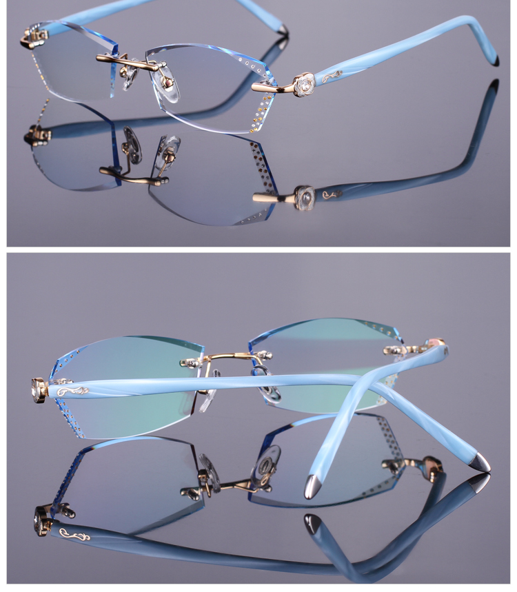 Hàn kim cương cắt cạnh cận thị kính màu nữ phim không vành kính Ultralight ánh sáng xanh hoàn thành khung kính kính chữ v