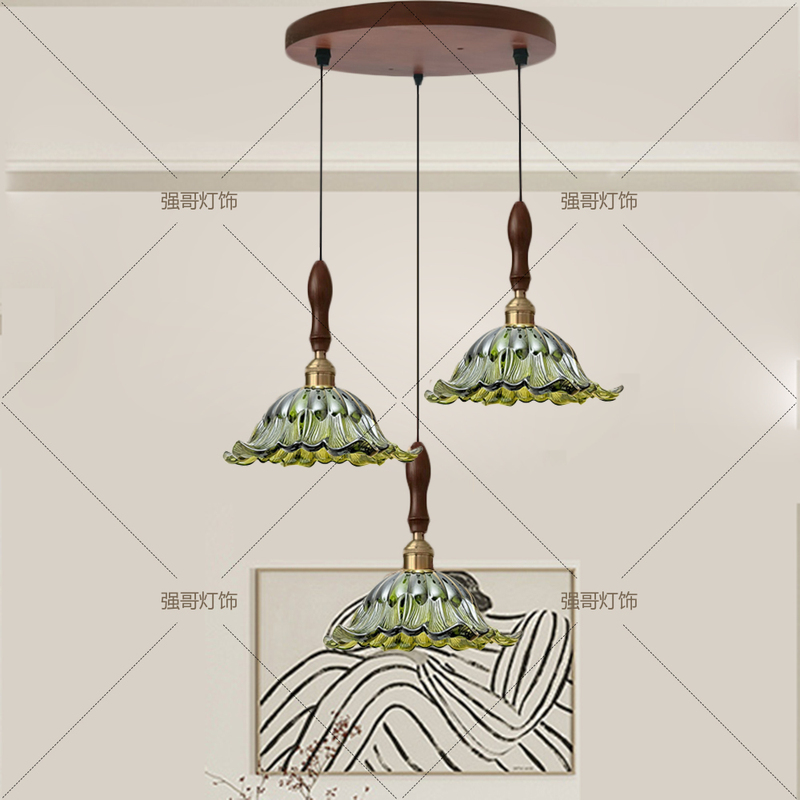 Glass and Solid Wood Three-Head Dining Island Chandelier, Creative Café Bar Counter Lamp, French Vintage Long-Line Led Chandelier