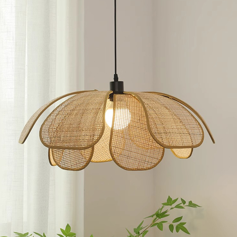 Wabi-Sabi Style Rattan Pendant Lamp for Living Room, Dining Room, Bedroom, Guesthouse, Woven Lamp, Vintage Creative Personality Art Petal Pendant Lamp