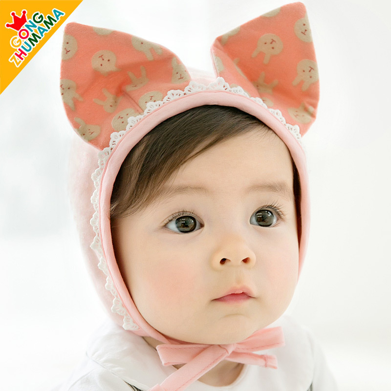 Princess mother spring new men's and women's baby rabbit ear cap baby cotton double layer windproof lace-up hat