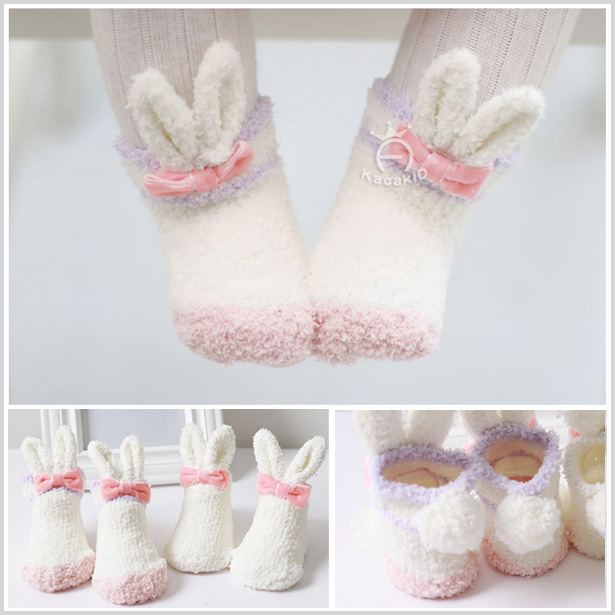Autumn Winter Butterfly Knot Coral Suede Small Rabbit Long Ears Baby Socks Children Thickened Warm Non-slip Small Socks