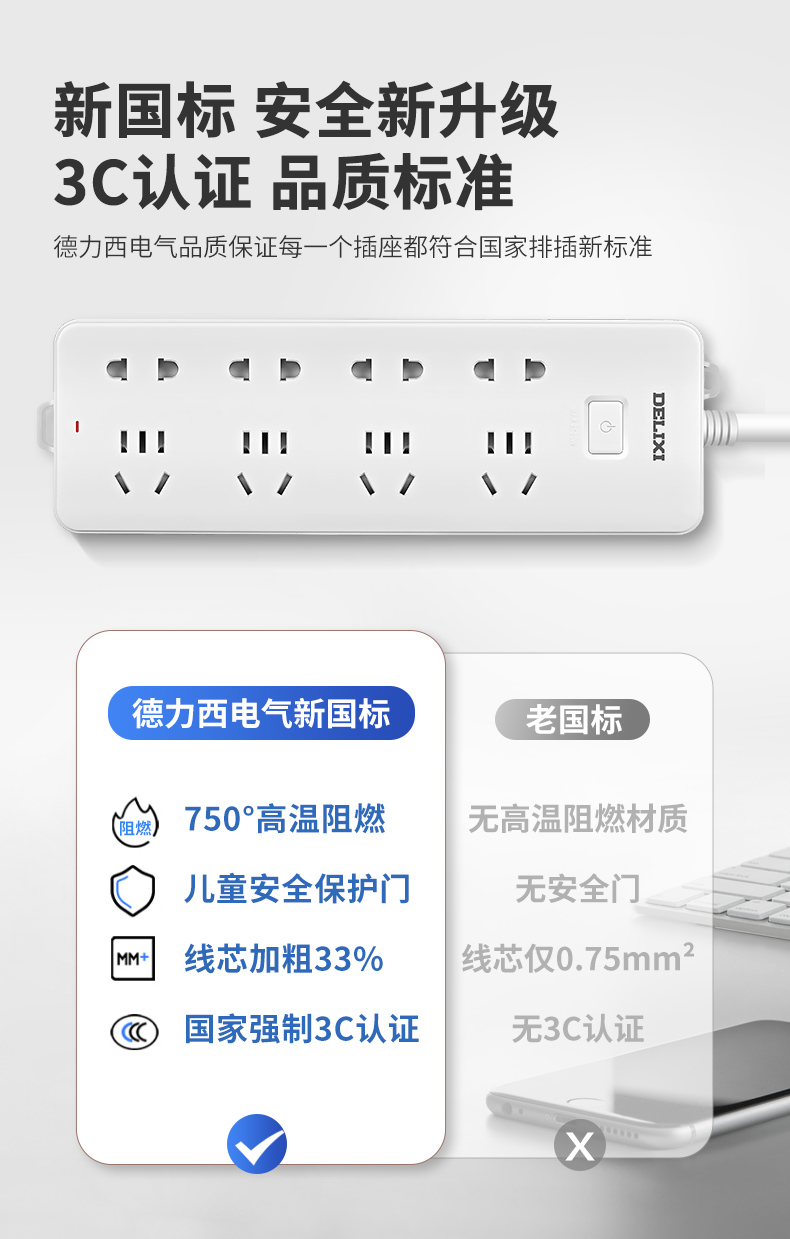 航天电器供应商 德力西 新国标插线板 插排 1.8米 8位5孔 图3