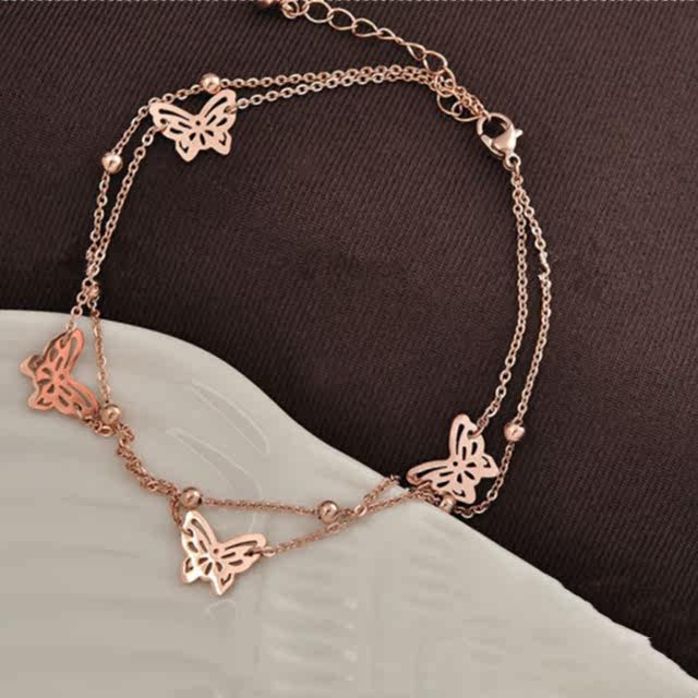 ຄົນອັບເດດ: double-layer hollow butterfly 18K rose gold anklet Japanese and Korean cold style versatile women's titanium steel anklet jewelry