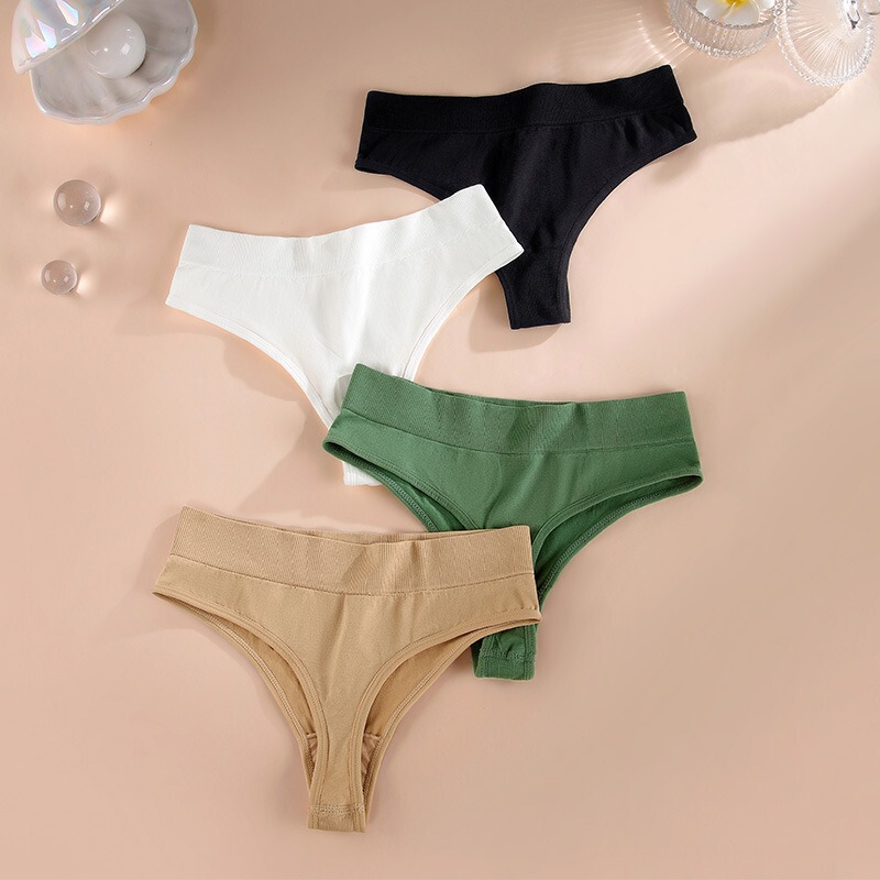 3 Pairs of Mid-Waist Thong Panties for Women, Sexy, Seamless, High-Elasticity, Large Size, Solid Color, European and American Style, Fitness Sports Underwear, Cotton Crotch T-Pants