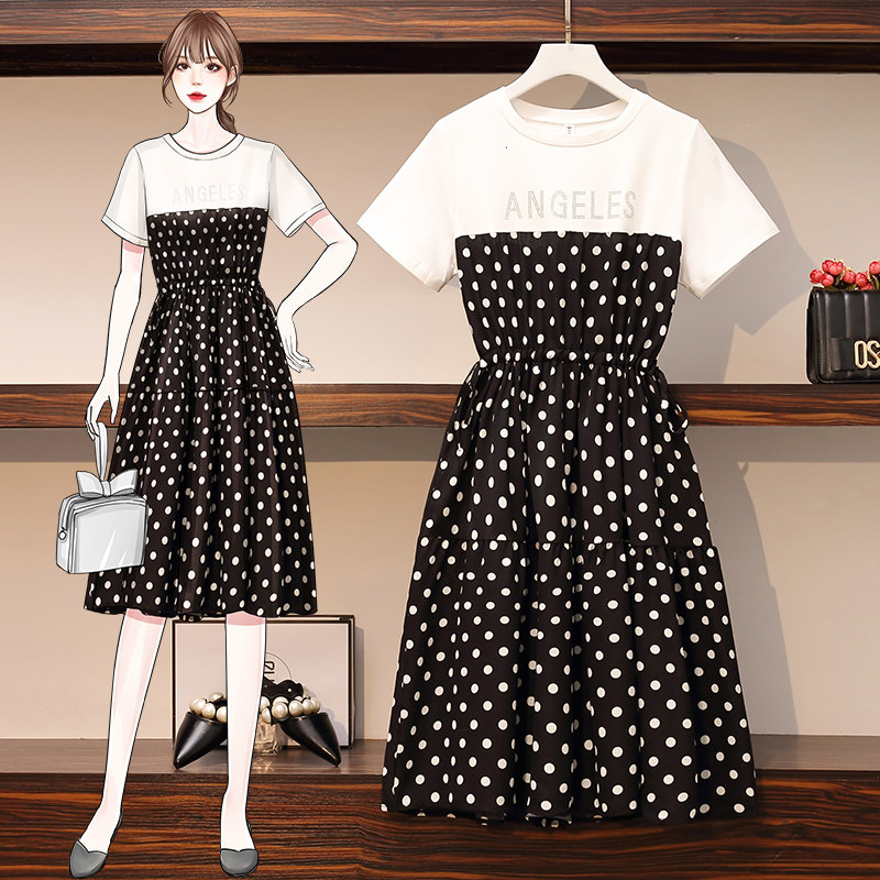 (Qiao Meixi) Summer dress large size women's new polka-dot pure cotton slimming breathable mid-length pregnant women's dress