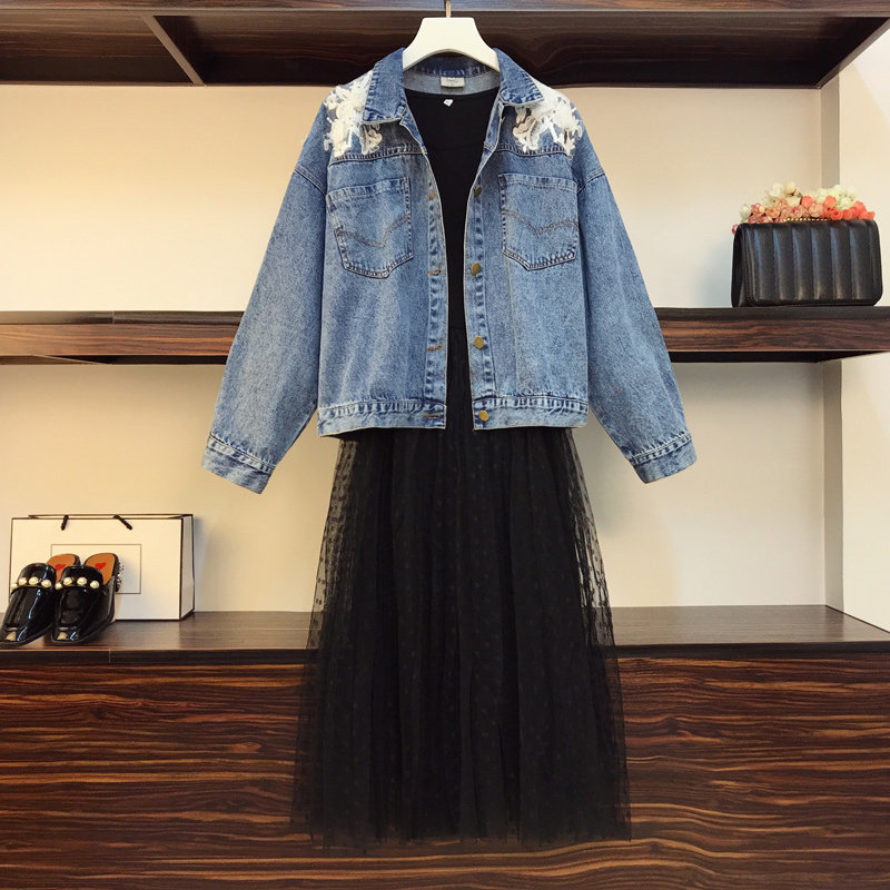 (Qiao Meixi) Spring new large size women's dress denim jacket foreign woman Pregnant Woman Harnesses two style foreign dress