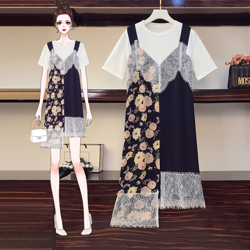 (Qiao Meixi) Large size women's summer dress Hepburn style fashion high-end fake two-piece maternity dress