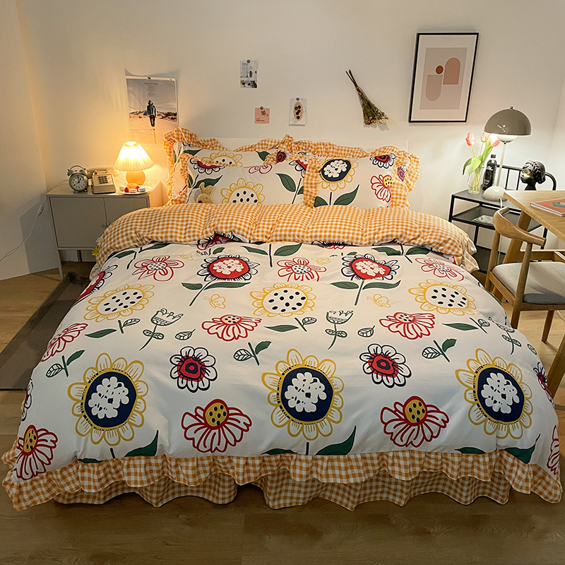 ins wind Han style bed skirt with four pieces of field garden wind bed linen quilt cover covered with three sets of girl's heart bed supplies