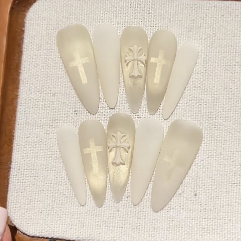 【Nun】2026 New Handmade Wearable Nails, Medium-Long Style, Cross Frosted Manicure, Golden Cat Eye, High-End Feel