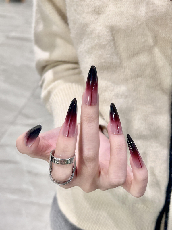 【Red Dust】2026 New Handmade Wearable Nails Medium-Length Red Line Gradient Red and Black Manicure Dark Style Hot Girl