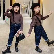 Girls suit autumn net red 2021 new foreign style children's cotton bottoming shirt denim belt pants two-piece set tide