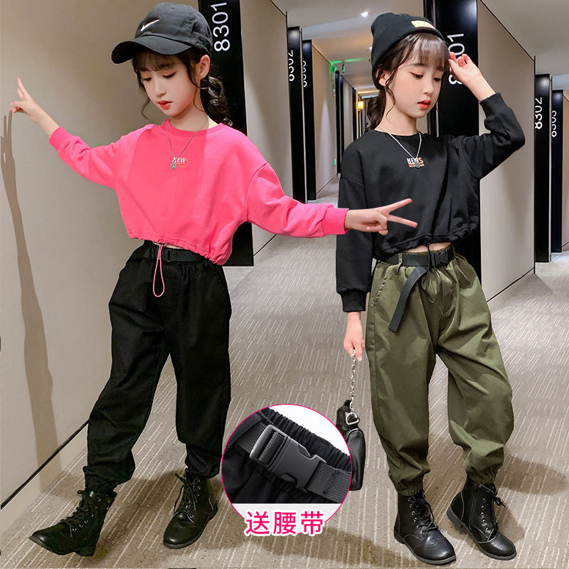 Tide Girl Net Red Overbearing Street Dance Suit Han Version Online Red CUHK Children High Waist Pure Cotton Casual Blouse Work Dress Pants Two Pieces